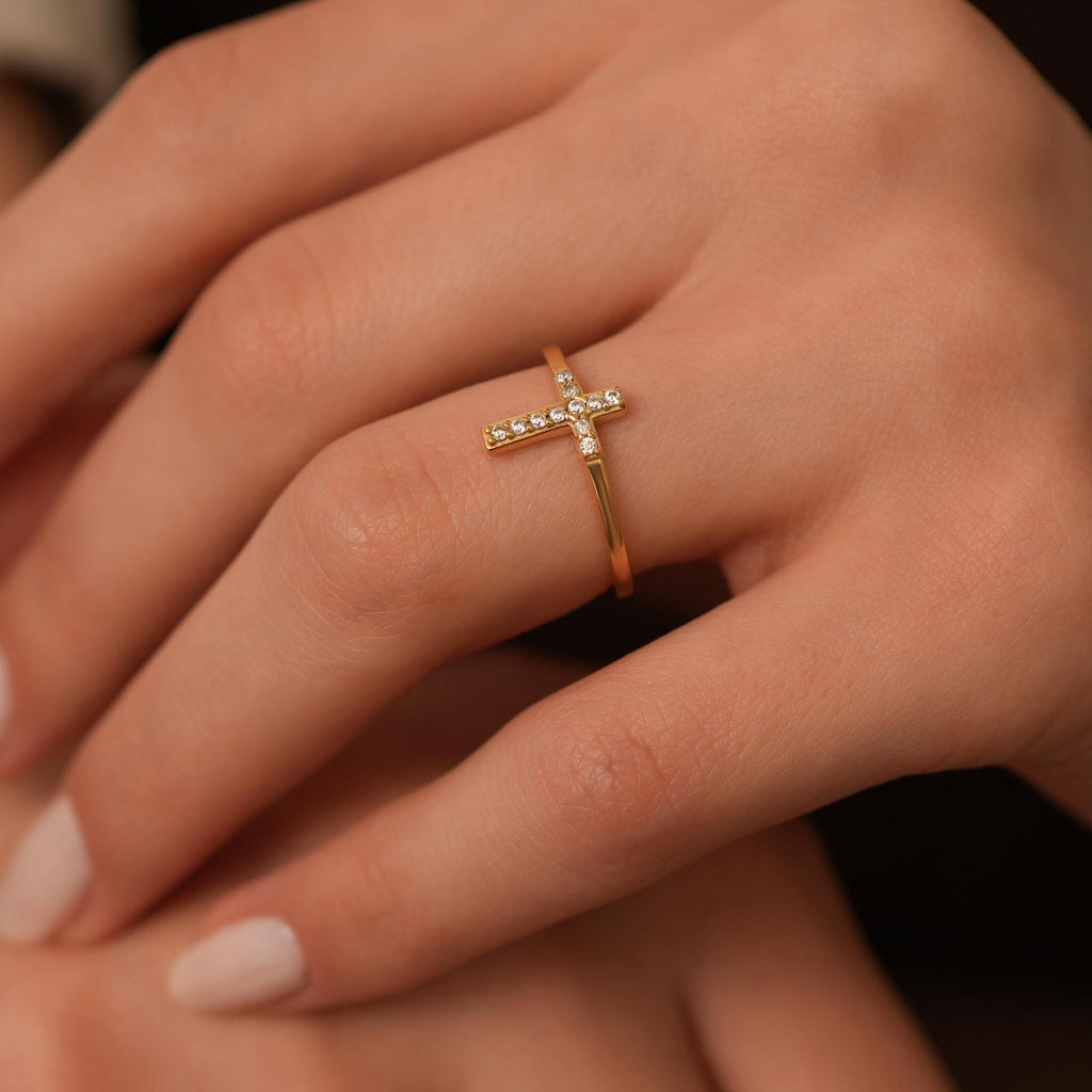 14K Gold Sideways Cross Ring, Pave Lab Diamond Cross Band, Faith Stacking Ring, Christian Jewelry, Gift for Her