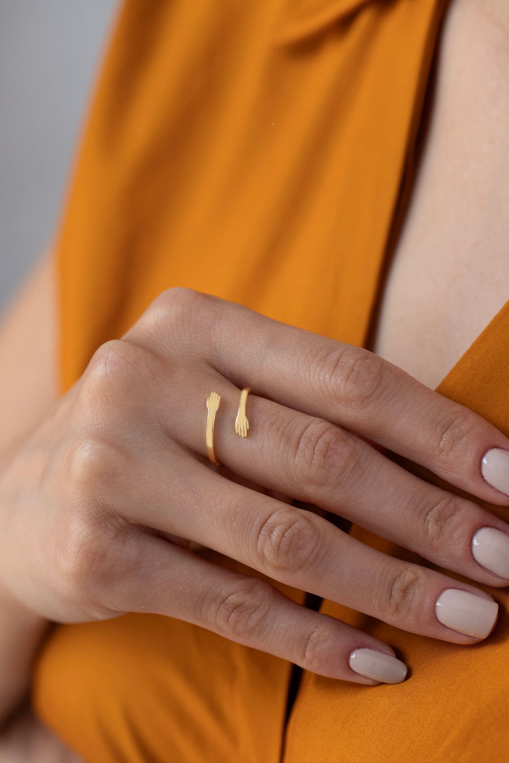 14K Gold Hug Ring, Self Love Hands Wrap Ring, Embrace Open Ring, Sculptural Statement Ring, Gift for Her