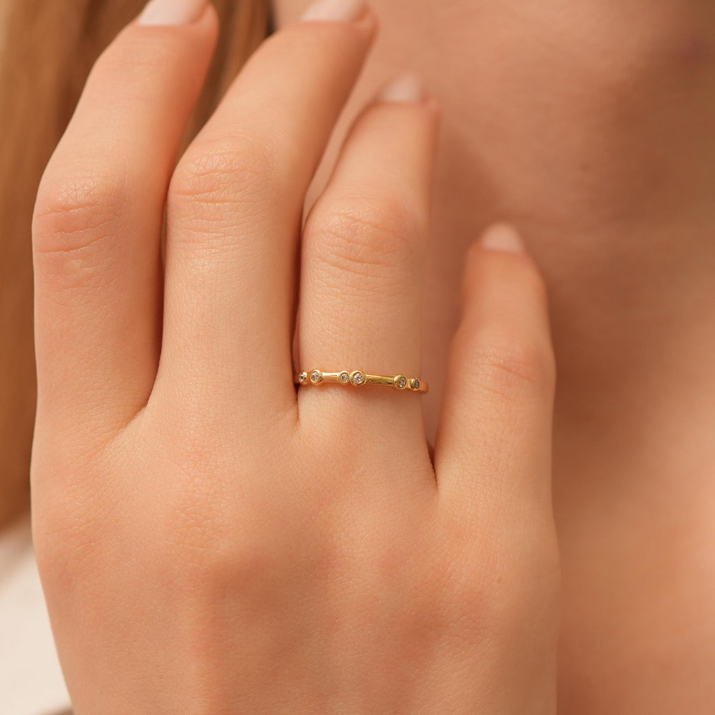 14K Gold Bar Bezel Ring, Segmented Lab Diamond Stacking Ring, Architectural Sparkle Ring, Modern Minimalist Ring, Gift for Her
