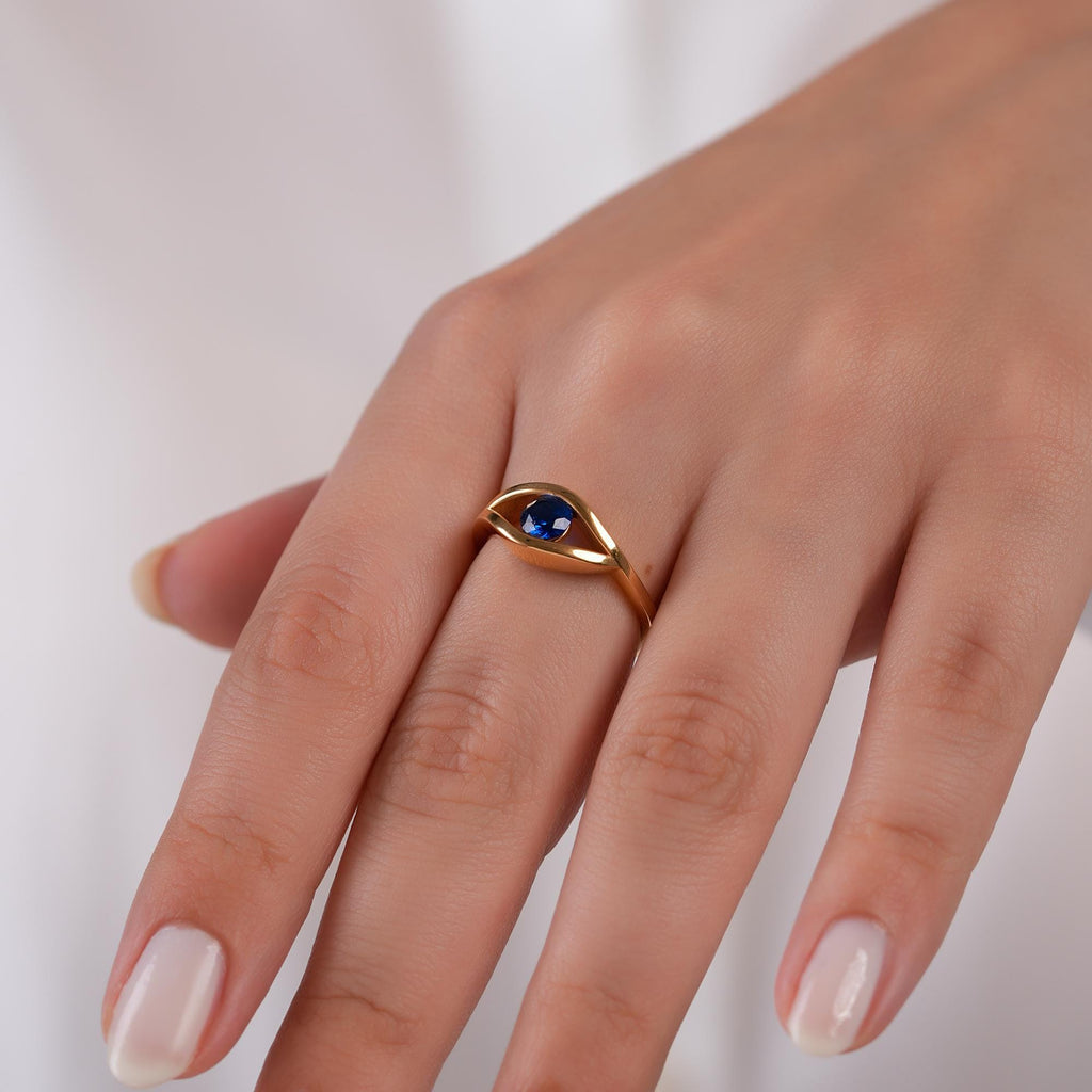 14K Gold Evil Eye Ring, Blue Sapphire Eye Ring, Sculptural Protection Ring, Modern Nazar Ring, Gift for Her