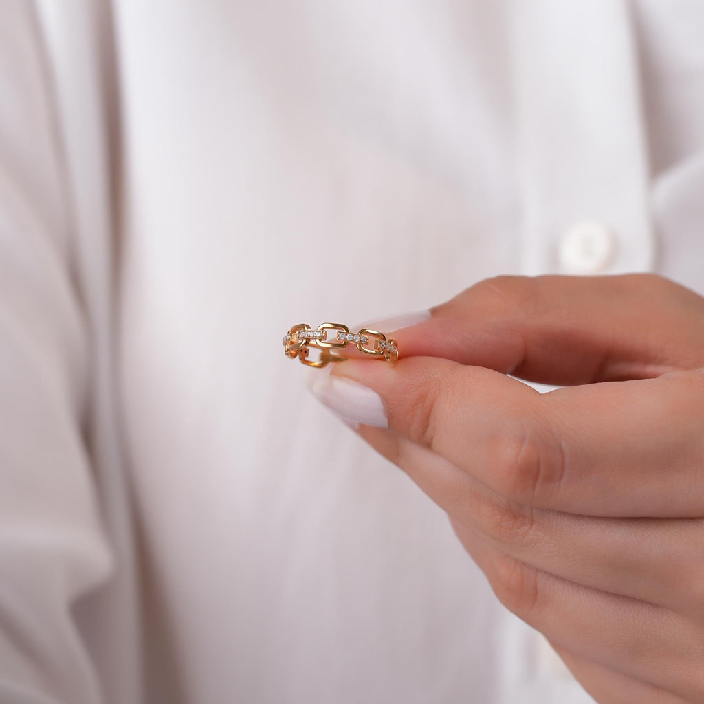 14K Gold Pave Chain Link Ring, Lab Diamond Paperclip Ring, Sparkling Link Stacking Ring, Modern Statement Ring, Gift for Her