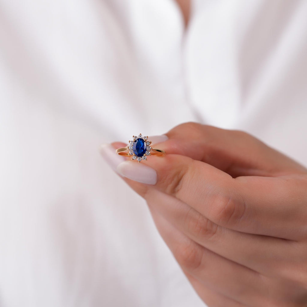 14K Gold Sapphire Halo Ring, Oval Blue Stone Lab Diamond Ring, Vintage Princess Style Ring, Statement Engagement Ring, Gift for Her