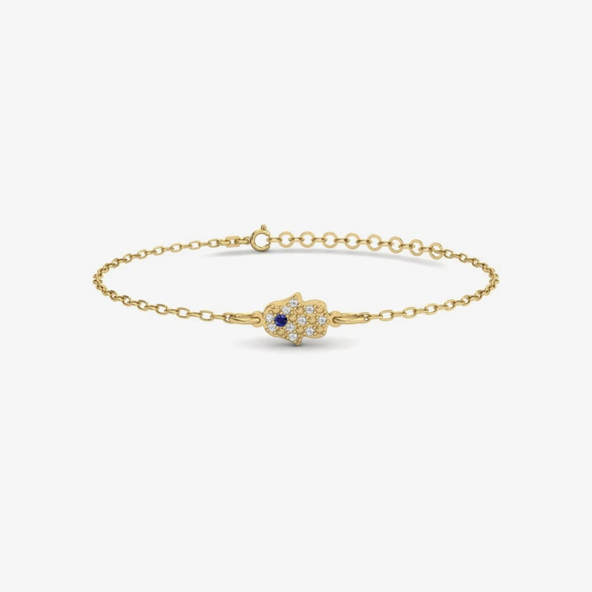 14K Gold Hamsa Bracelet, Pave Lab Diamond Hand of Fatima Bracelet, Blue Sapphire Accent, Protection Symbol Jewelry