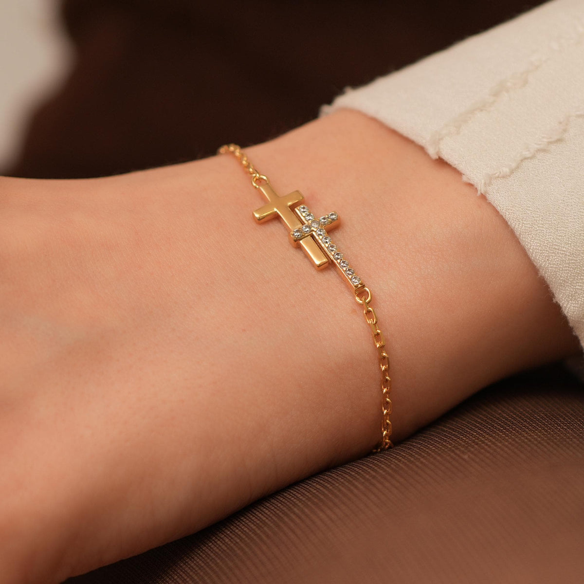 14K Gold Double Cross Bracelet, Pave Lab Diamond Layered Cross Chain Bracelet, Modern Faith Jewelry, Gift for Her