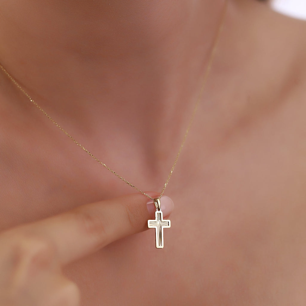 14K Gold Diamond Cut Cross Necklace, Framed Cross Pendant, Dainty Faith Jewelry, Baptism Confirmation Gift for Her