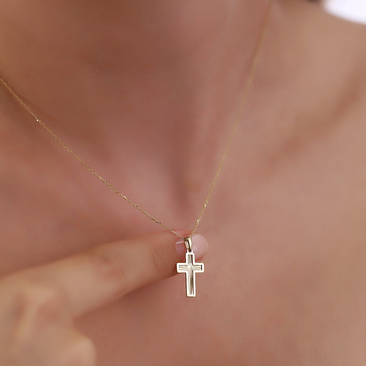 14K Gold Diamond Cut Cross Necklace, Framed Cross Pendant, Dainty Faith Jewelry, Baptism Confirmation Gift for Her