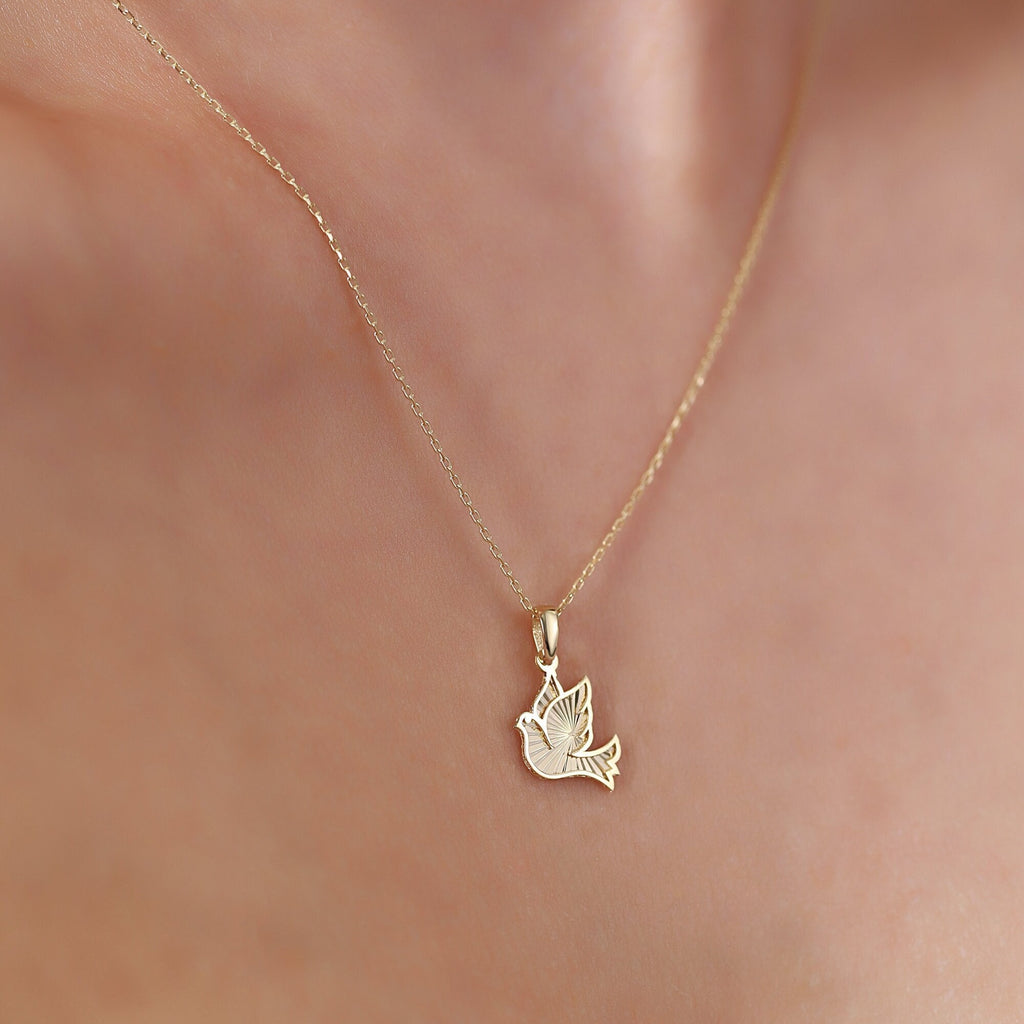 14K Gold Dove Necklace, Diamond Cut Peace Dove Pendant, Symbolic Bird Charm, Dainty Faith Jewelry, Gift for Her