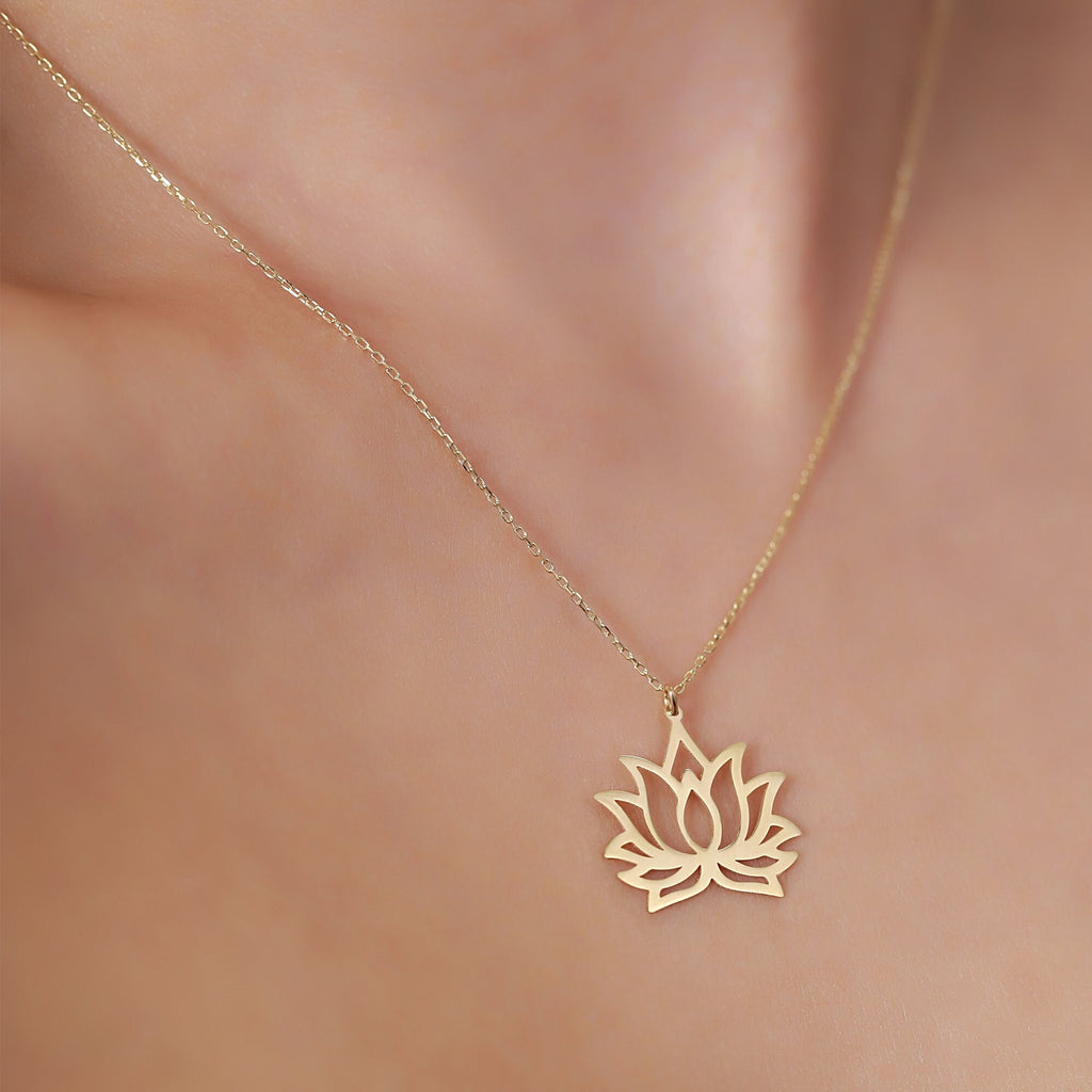 14K Gold Lotus Flower Necklace, Open Petal Lotus Pendant, Yoga Zen Charm, Symbolic Jewelry, Gift for Her
