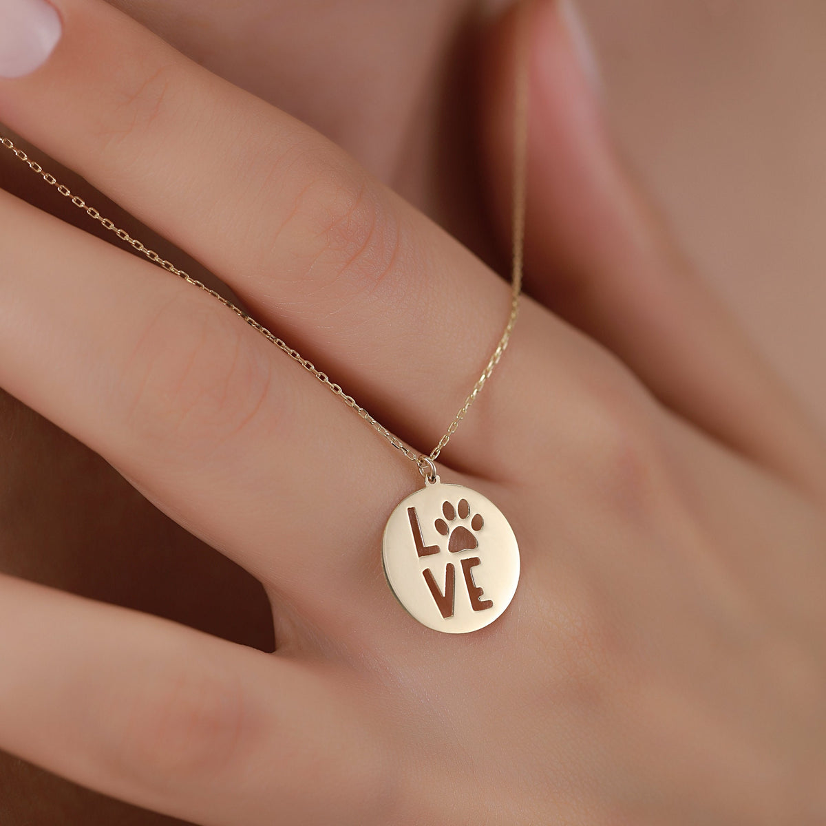 14K Gold Dog Paw Love Necklace, Pet Lover Coin Pendant, Cut Out Paw Print Charm, Dog Mom Gift, Gift for Her