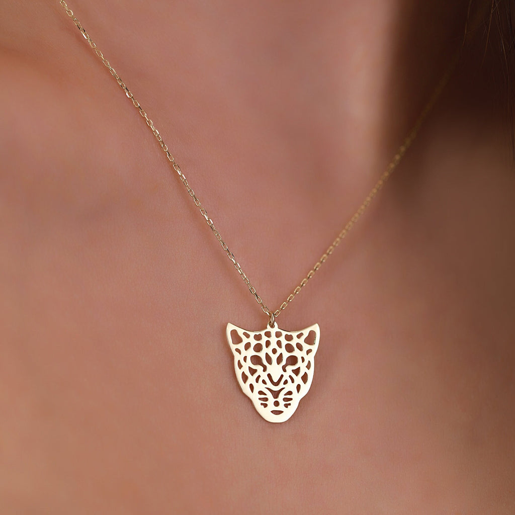 14K Gold Leopard Necklace, Cut Out Leopard Face Pendant, Wild Animal Charm, Bold Statement Jewelry, Gift for Her