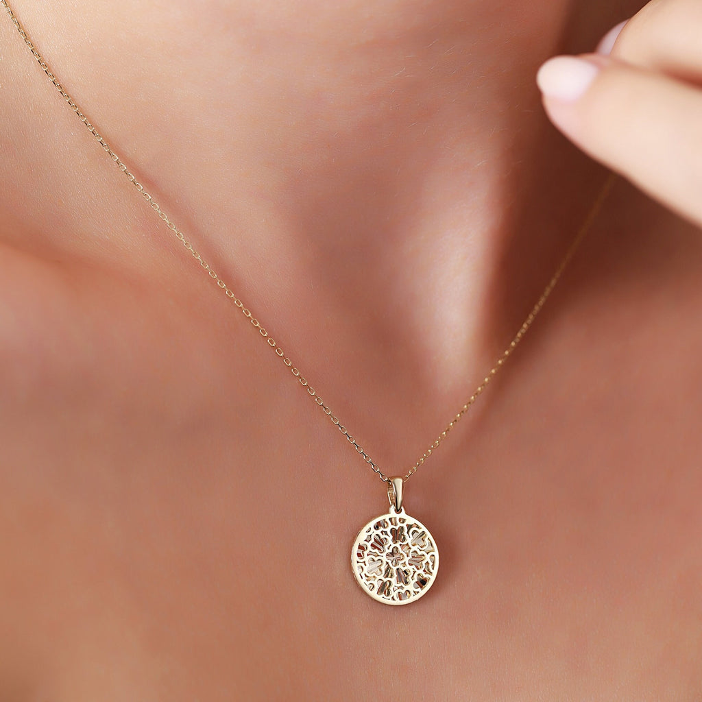 14K Gold Floral Coin Necklace, Diamond Cut Filigree Medallion Pendant, Dainty Round Disc, Boho Gift for Her