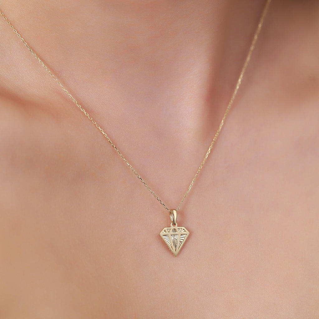 14K Gold Diamond Shape Necklace, Diamond Cut Geometric Pendant, Dainty Faceted Charm, Modern Jewelry, Gift for Her