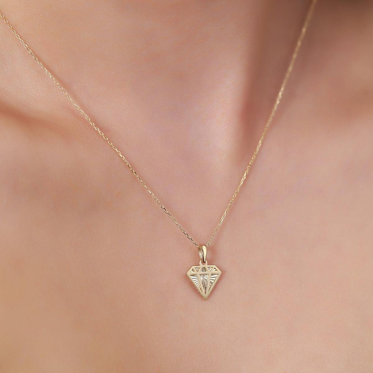 14K Gold Diamond Shape Necklace, Diamond Cut Geometric Pendant, Dainty Faceted Charm, Modern Jewelry, Gift for Her