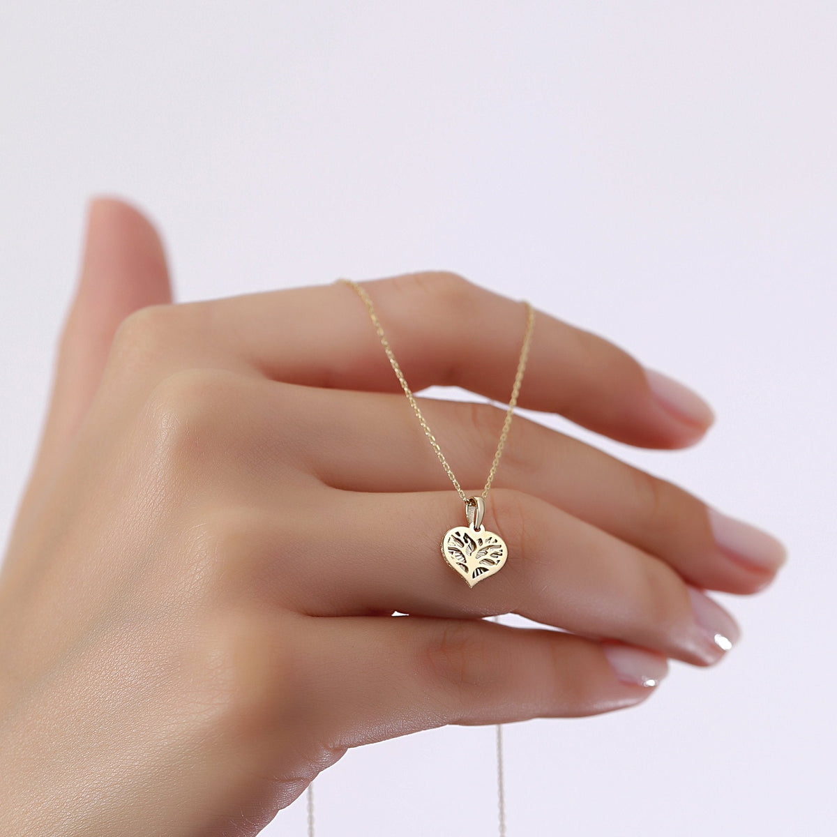 14K Gold Tree of Life Heart Necklace, Diamond Cut Heart Pendant, Family Tree Charm, Meaningful Gift for Her
