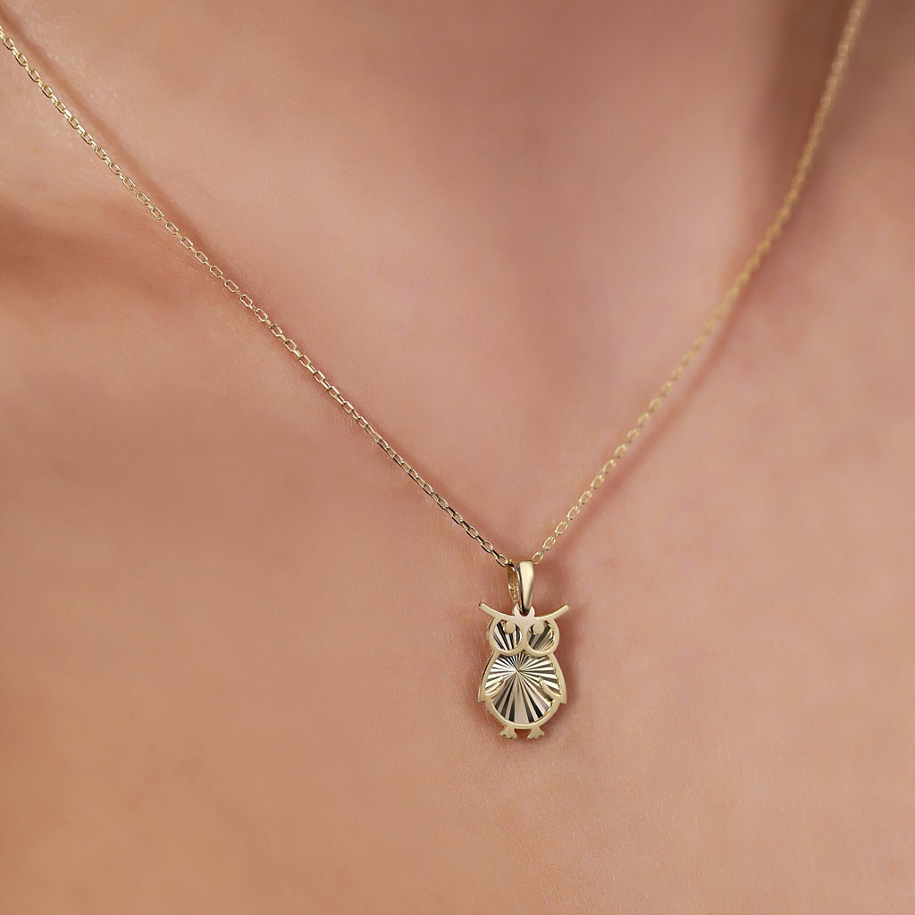 14K Gold Owl Necklace, Diamond Cut Owl Pendant, Wisdom Bird Charm, Symbolic Jewelry, Gift for Her