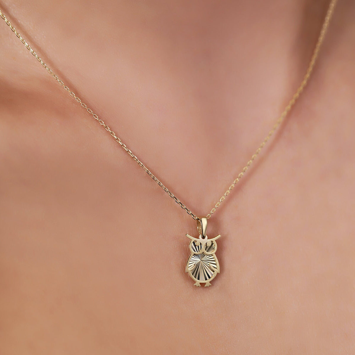 14K Gold Owl Necklace, Diamond Cut Owl Pendant, Wisdom Bird Charm, Symbolic Jewelry, Gift for Her