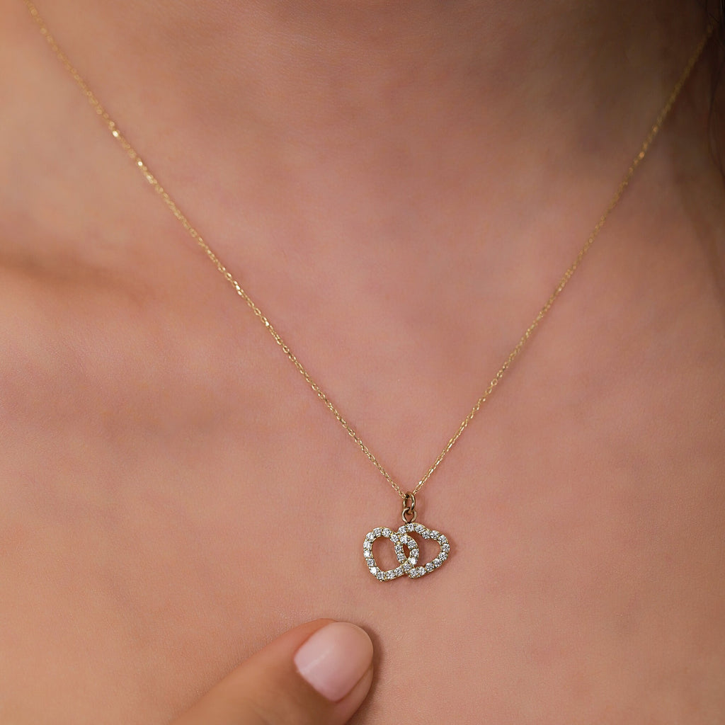 14K Gold Double Heart Necklace, CZ Interlocking Hearts Pendant, Linked Hearts Charm, Gift for Her