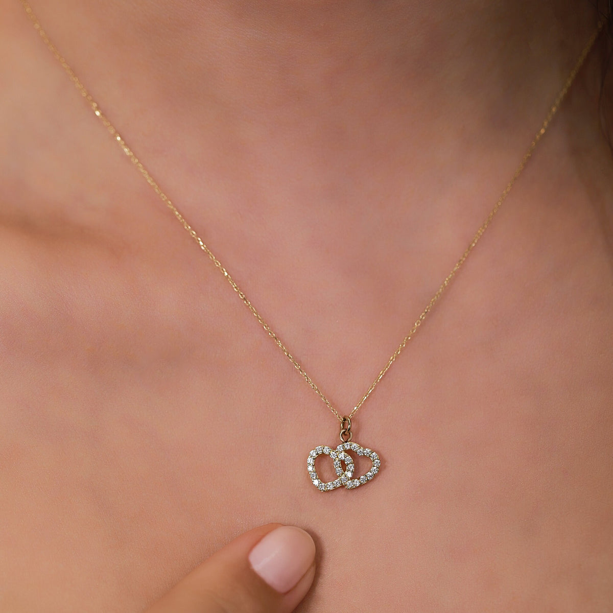 14K Gold Double Heart Necklace, CZ Interlocking Hearts Pendant, Linked Hearts Charm, Gift for Her
