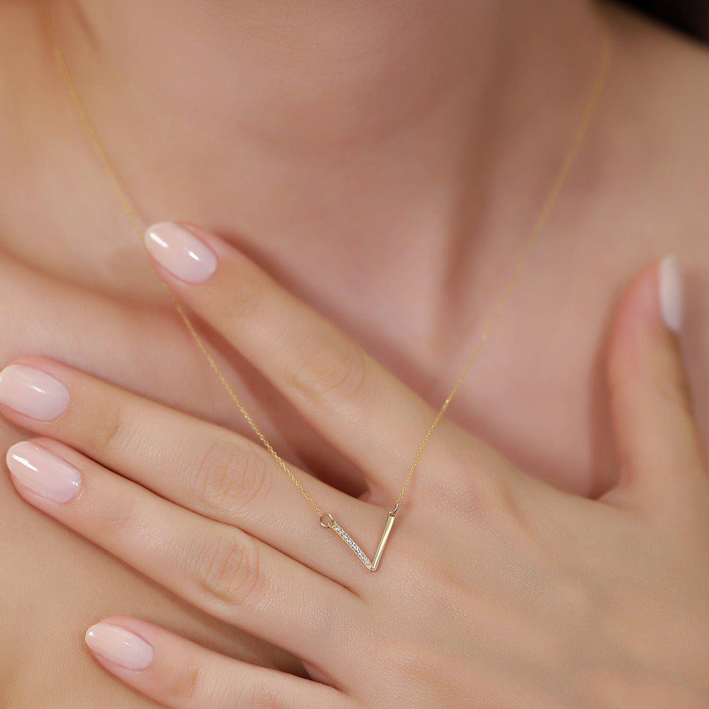 14K Gold Lab Diamond V Necklace, Half Pave Chevron Bar Pendant, Minimalist Geometric Charm, Gift for Her