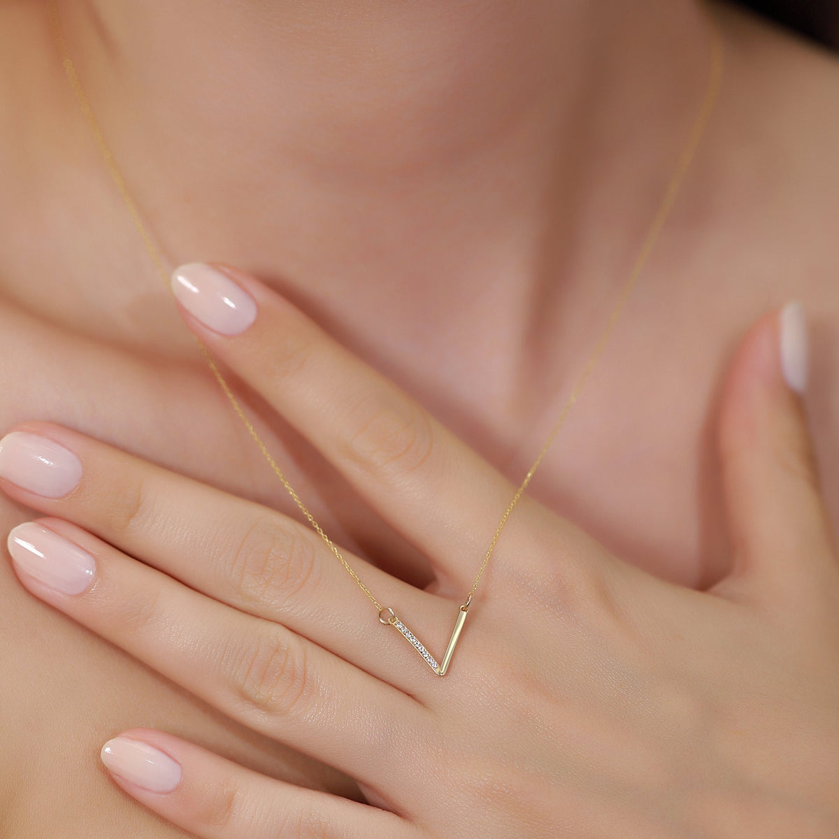14K Gold Lab Diamond V Necklace, Half Pave Chevron Bar Pendant, Minimalist Geometric Charm, Gift for Her