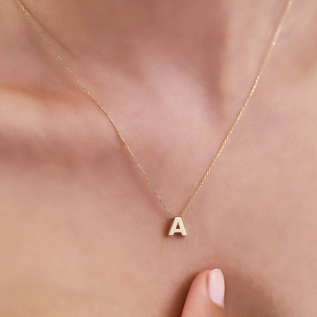 14K Gold Initial Letter Necklace, Solid Gold Letter A Pendant, Personalized Block Letter Charm, Gift for Her