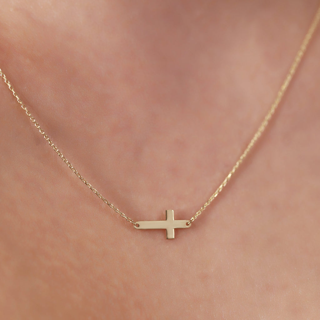 14K Gold Sideways Cross Necklace, Minimalist Horizontal Cross Pendant, Dainty Faith Charm, Gift for Her