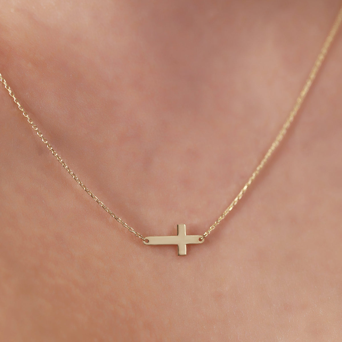 14K Gold Sideways Cross Necklace, Minimalist Horizontal Cross Pendant, Dainty Faith Charm, Gift for Her