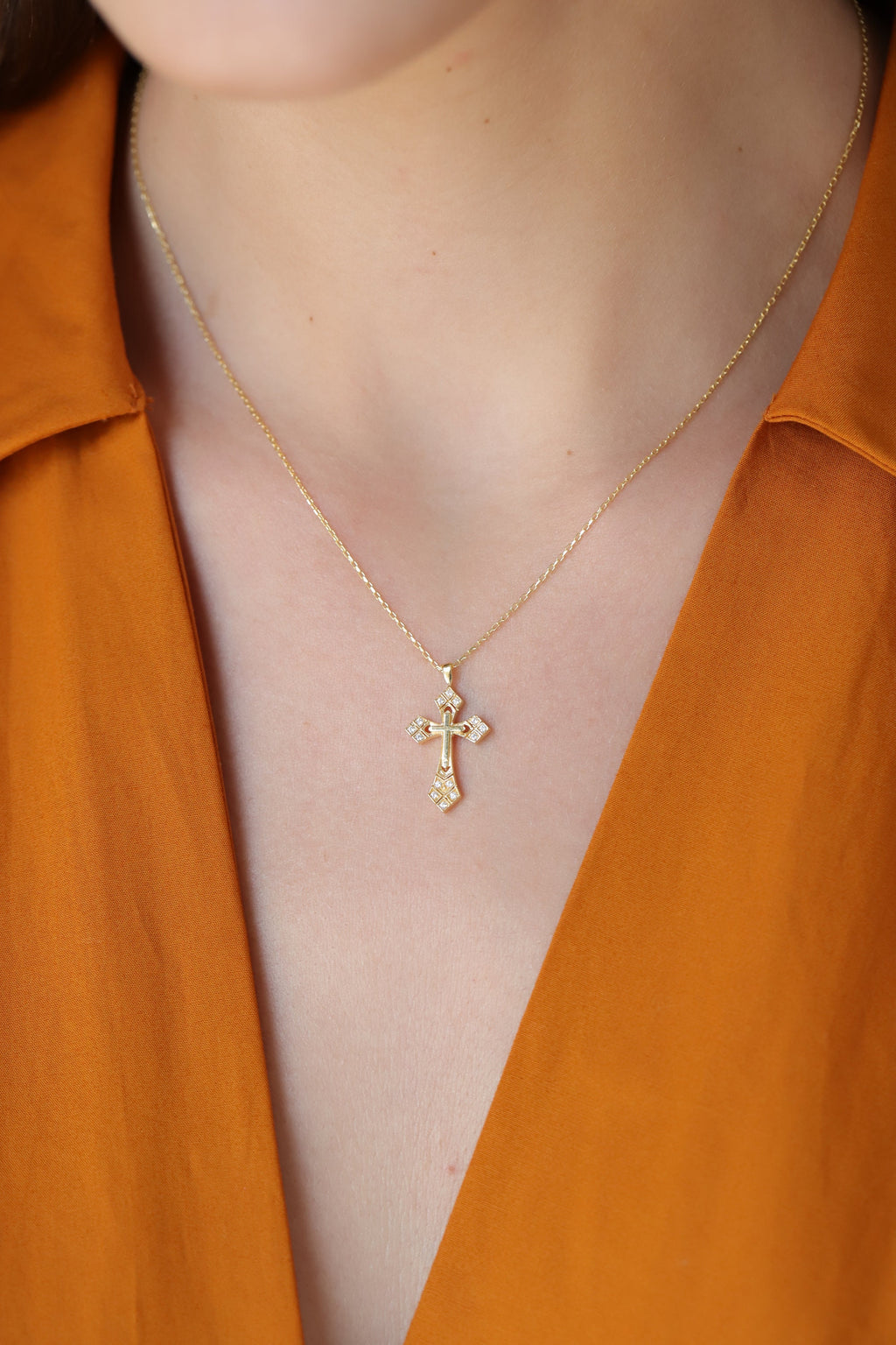 14K Gold Lab Diamond Cross Necklace, Ornate Studded Cross Pendant, Baroque Style Charm, Faith Gift for Her