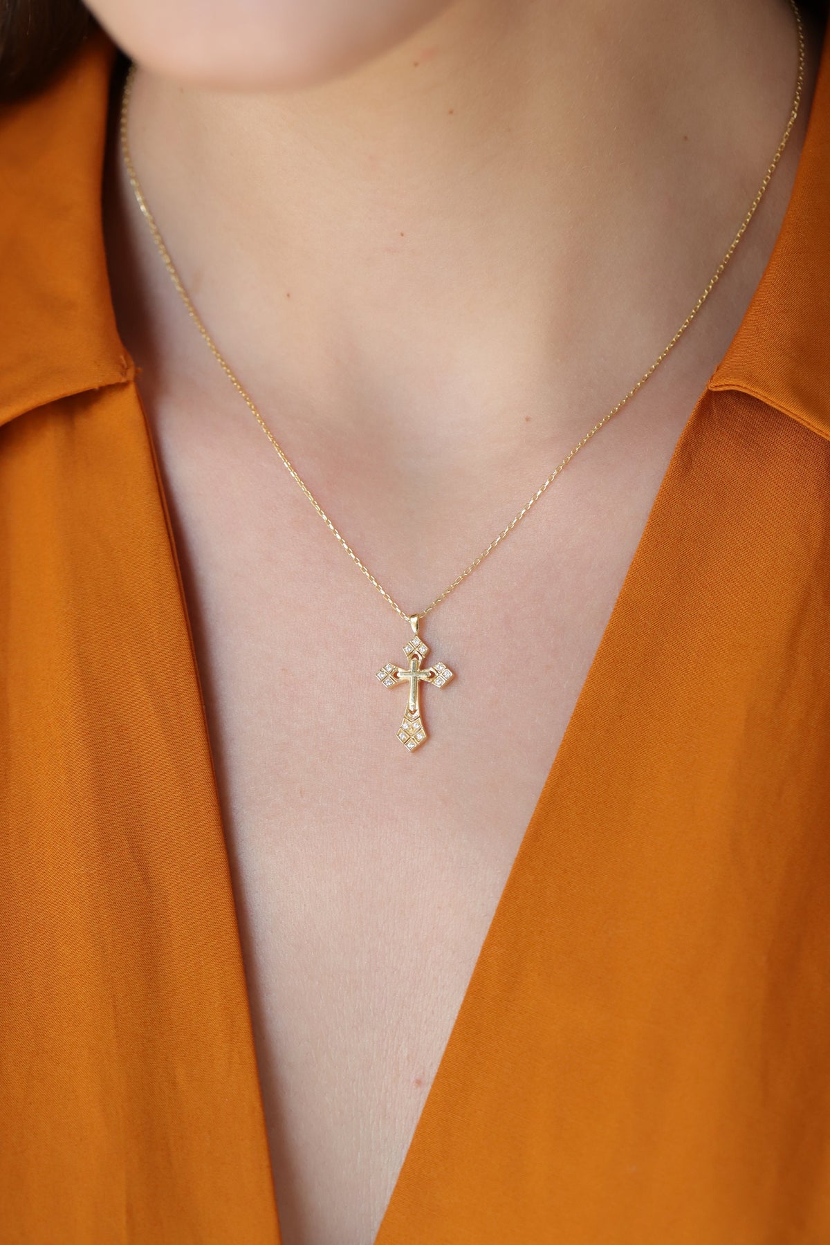 14K Gold Lab Diamond Cross Necklace, Ornate Studded Cross Pendant, Baroque Style Charm, Faith Gift for Her