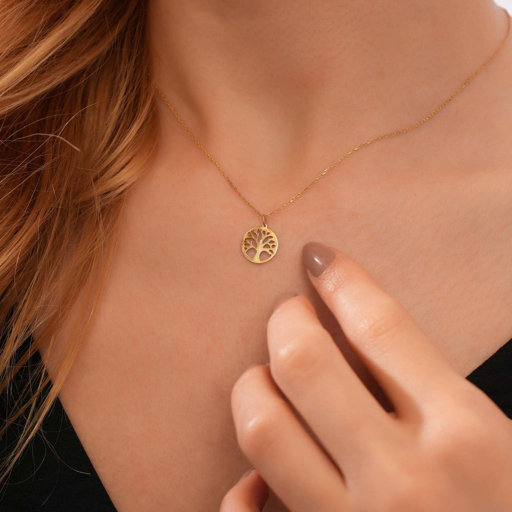 14K Gold Tree of Life Necklace, Cut Out Tree Coin Pendant, Round Disc Charm, Meaningful Gift for Her