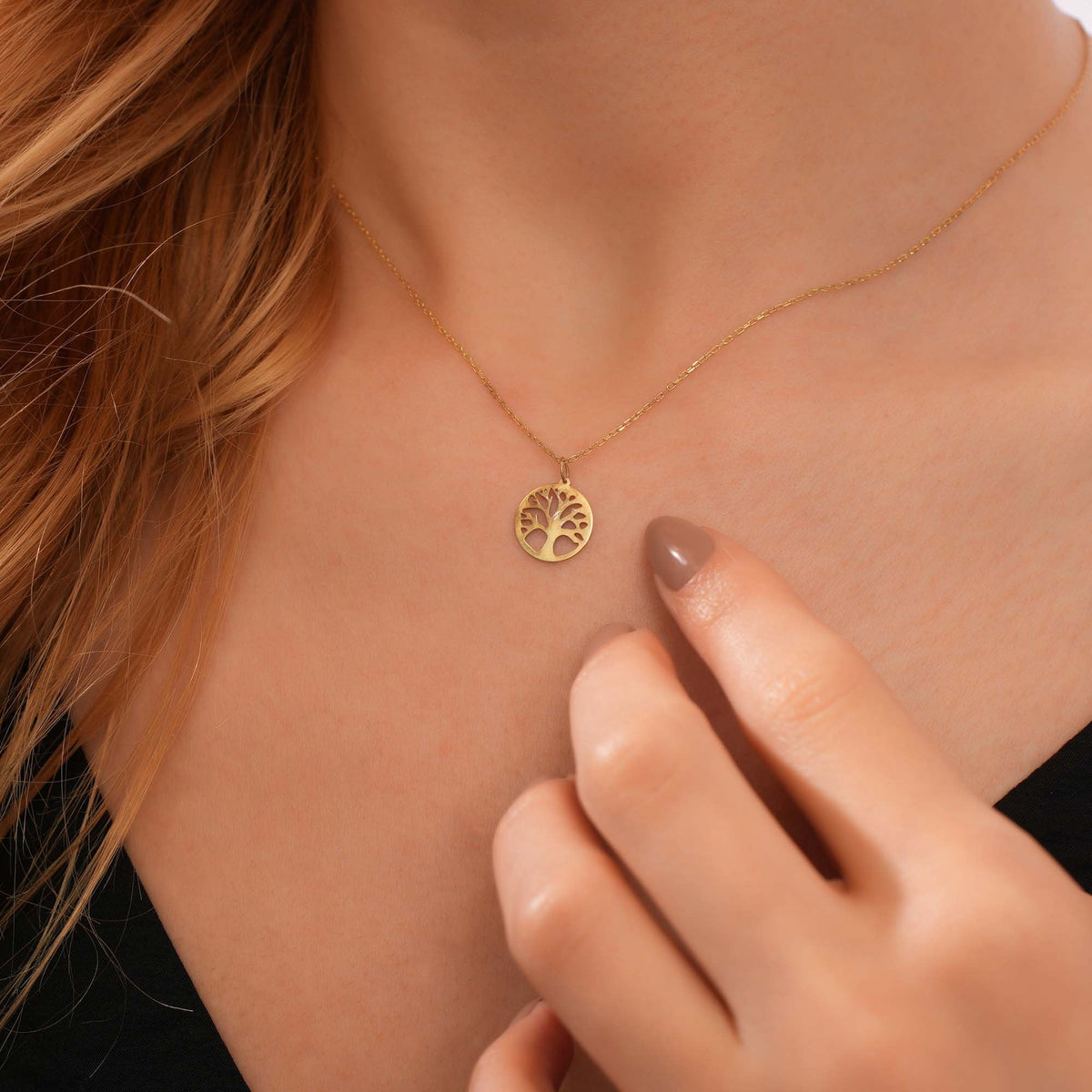 14K Gold Tree of Life Necklace, Cut Out Tree Coin Pendant, Round Disc Charm, Meaningful Gift for Her