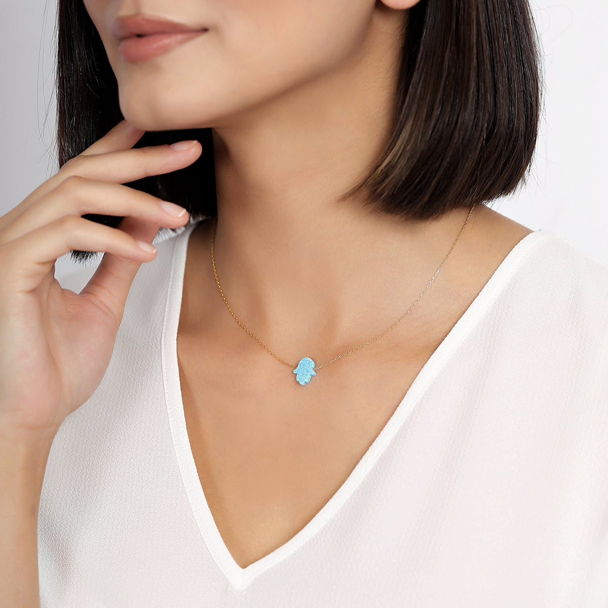14K Gold Opal Hamsa Necklace, Blue Opal Hand Pendant, Dainty Protection Charm, Gift for Her