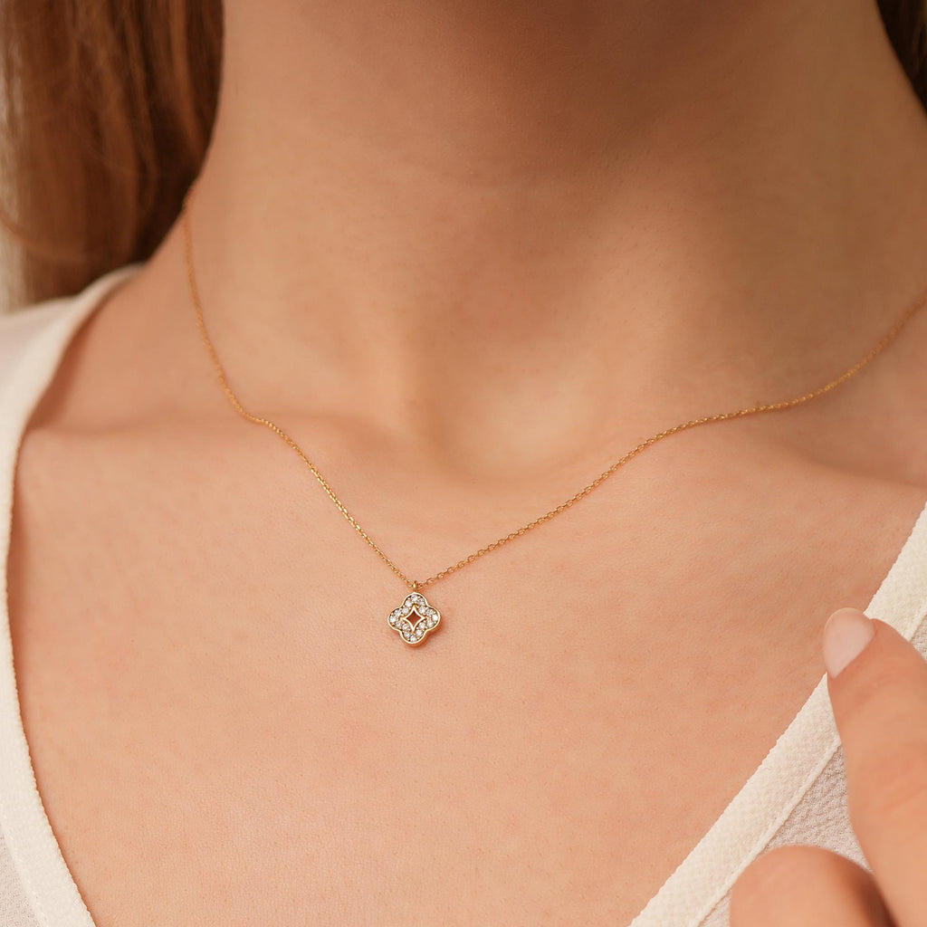 14K Gold Lab Diamond Clover Necklace, Open Center Quatrefoil Pendant, Sparkling Clover Charm, Gift for Her