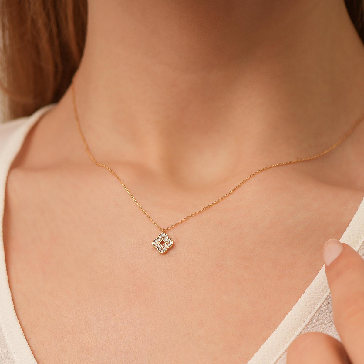 14K Gold Lab Diamond Clover Necklace, Open Center Quatrefoil Pendant, Sparkling Clover Charm, Gift for Her