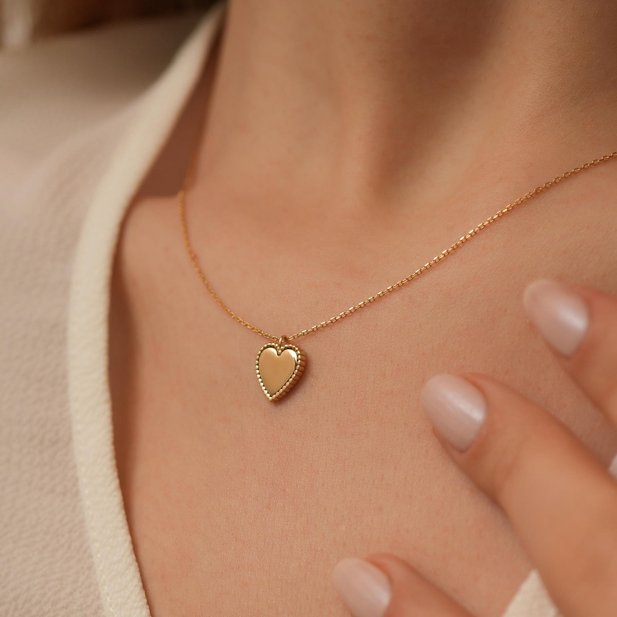 14K Gold Beaded Heart Necklace, Polished Heart with Beaded Frame Pendant, Classic Charm, Gift for Her
