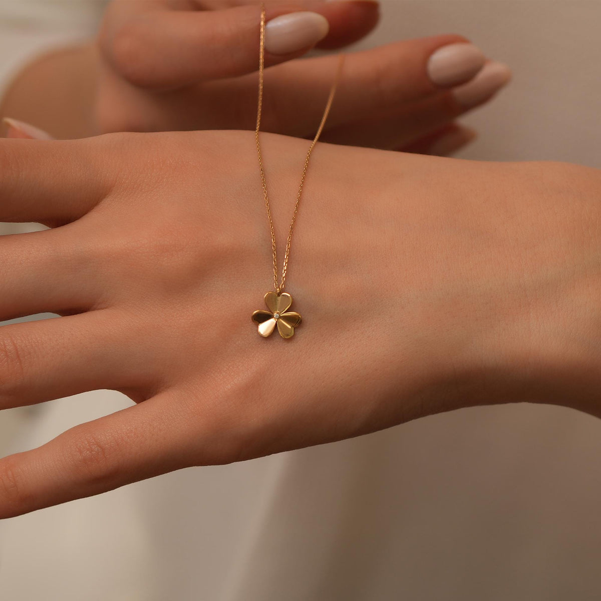 14K Gold Four Leaf Clover Necklace, Diamond Center Clover Pendant, Puffy Petal Charm, Lucky Gift for Her