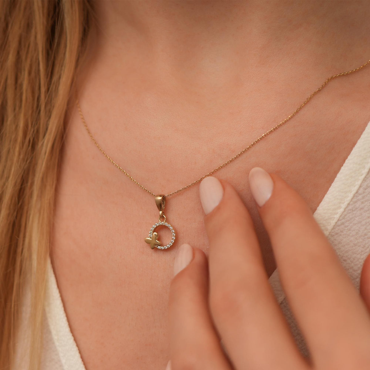14K Gold Lab Diamond Circle Butterfly Necklace, Open Ring with Butterfly Pendant, Sparkling Charm, Gift for Her