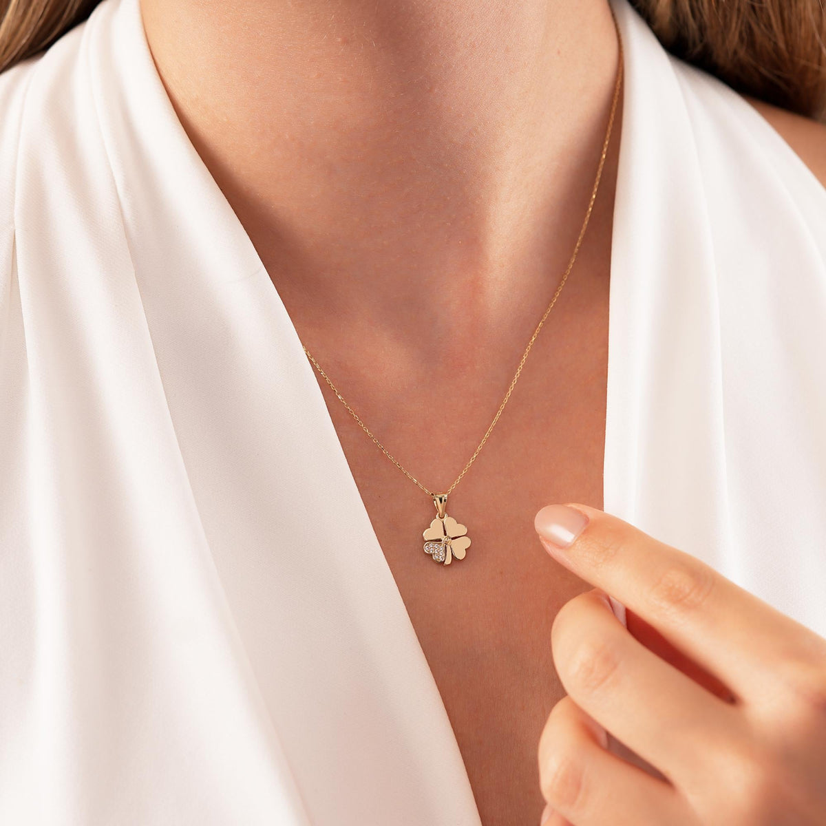 14K Gold CZ Four Leaf Clover Necklace, Pave Petal Clover Pendant, Lucky Charm, Gift for Her