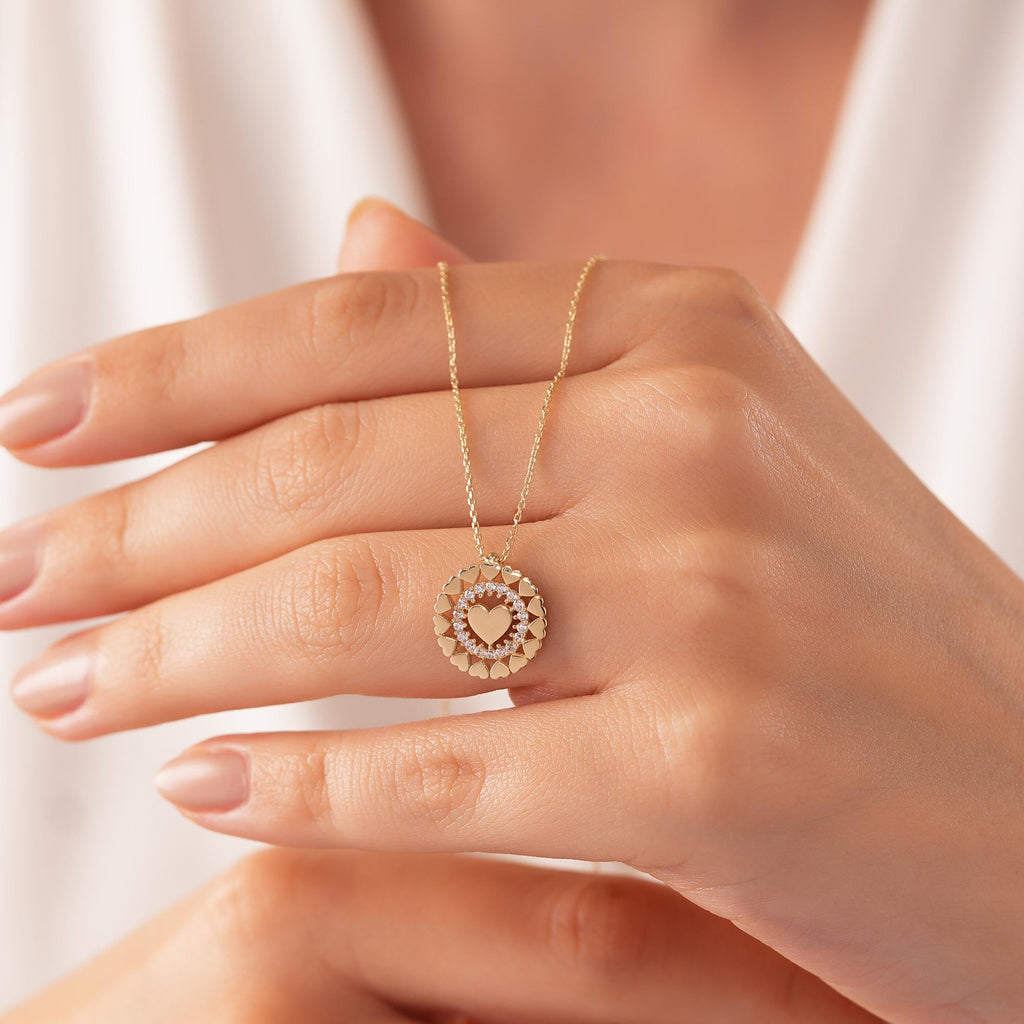 14K Gold Heart Medallion Necklace, CZ Halo Heart Coin Pendant, Layered Heart Wreath Charm, Gift for Her