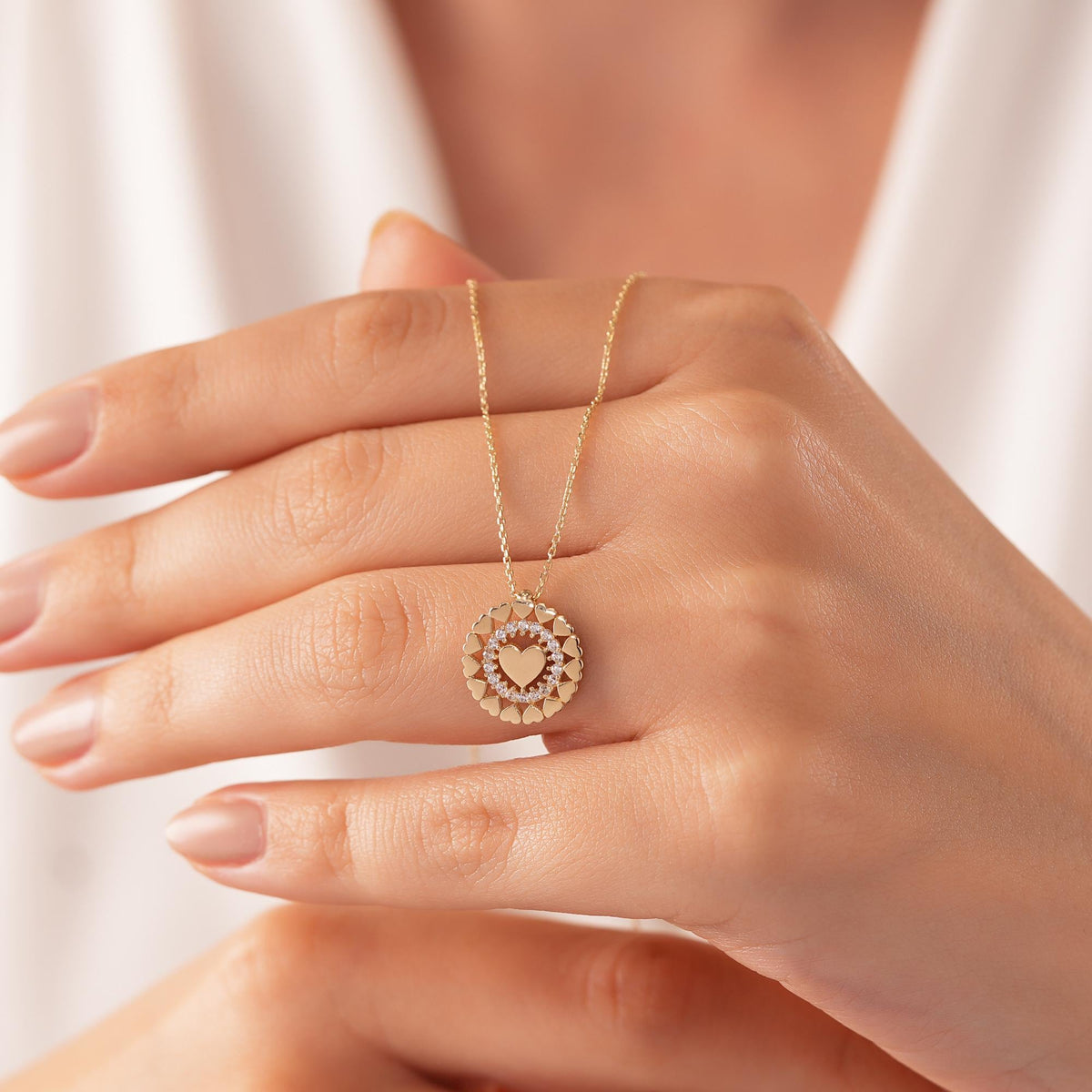 14K Gold Heart Medallion Necklace, CZ Halo Heart Coin Pendant, Layered Heart Wreath Charm, Gift for Her
