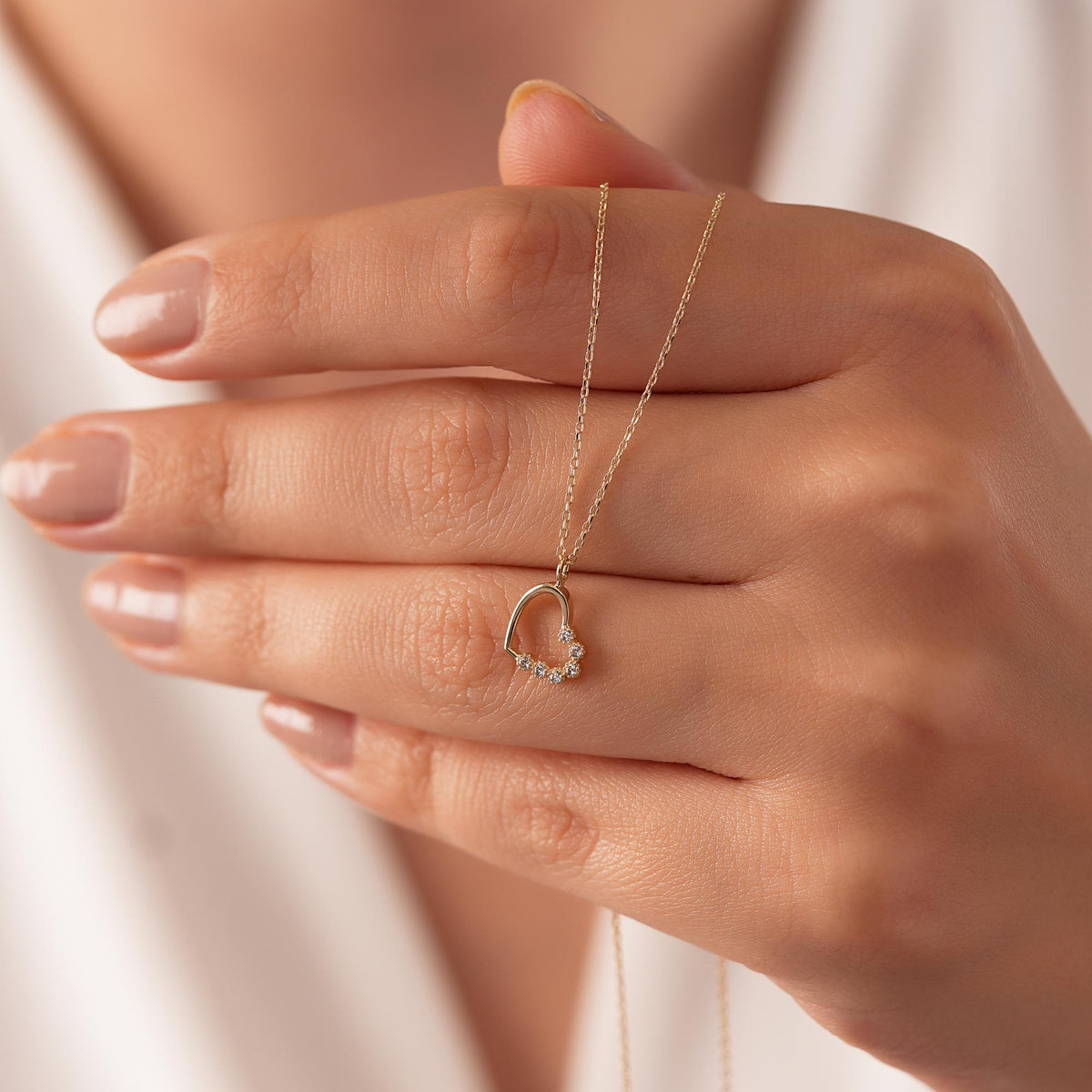 14K Gold Open Heart Necklace, CZ Bezel Set Heart Pendant, Sideways Heart Charm, Gift for Her