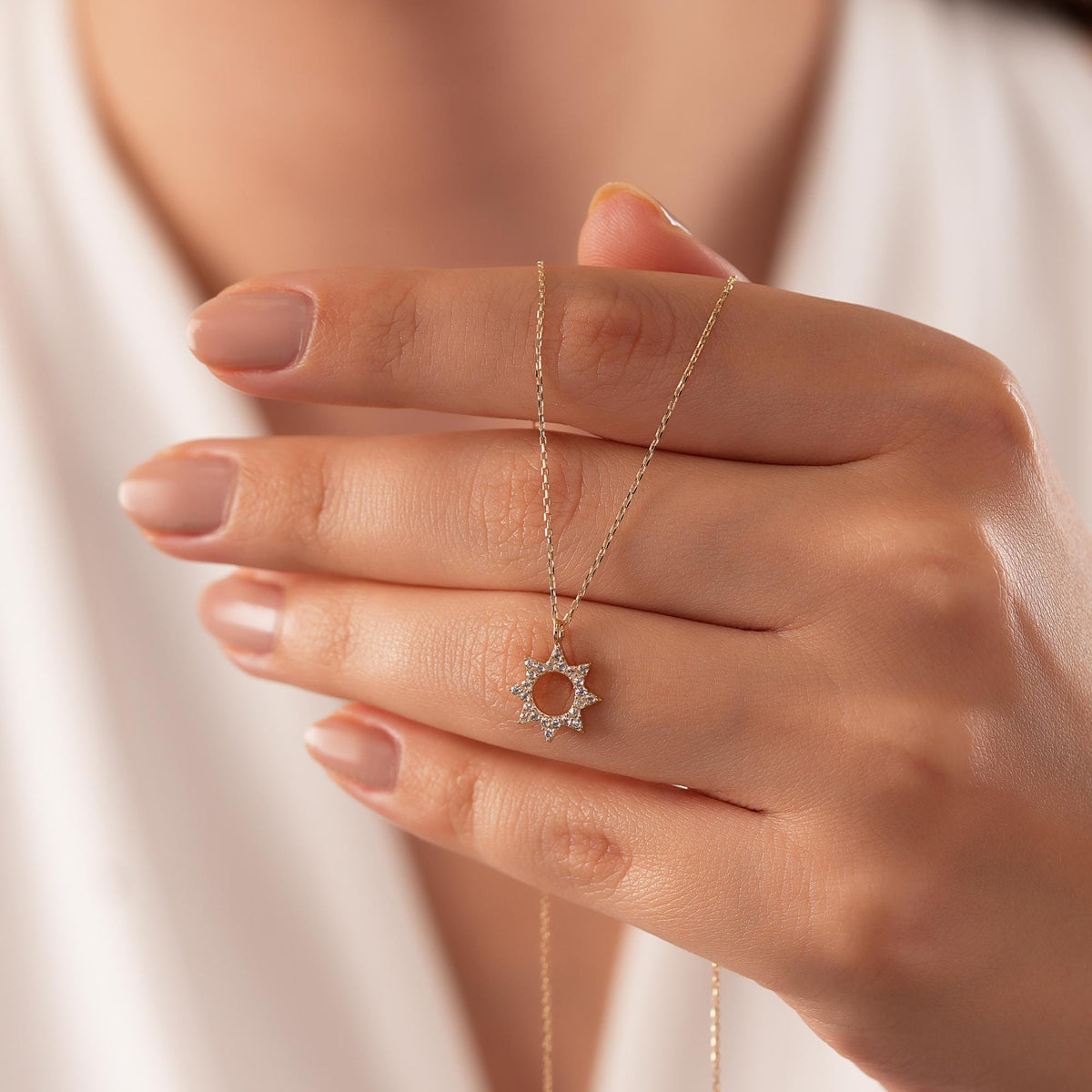 14K Gold Sun Necklace, CZ Open Circle Star Pendant, Celestial Sunburst Charm, Gift for Her