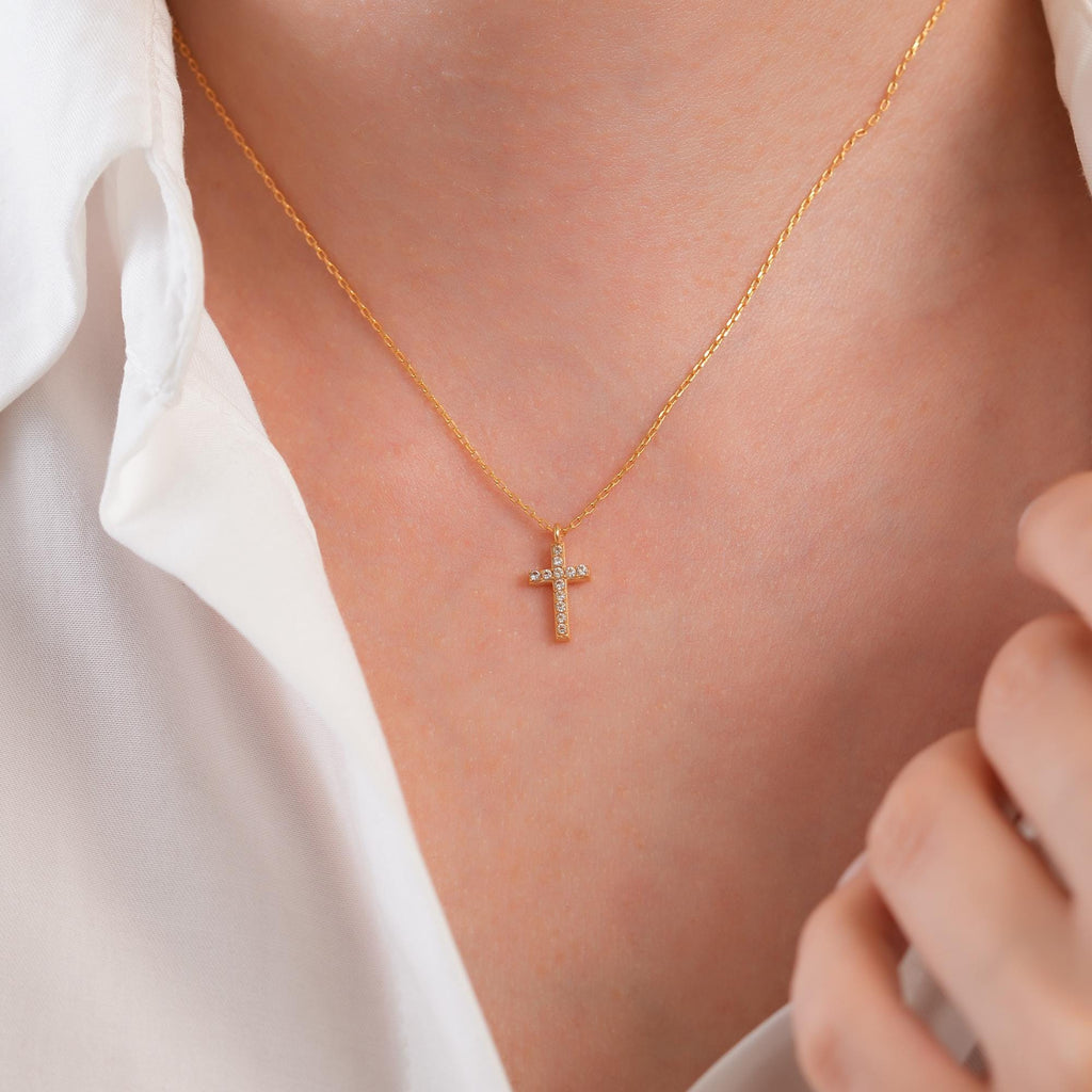14K Gold Bezel Set Cross Necklace, Bold Lab Diamond Cross Pendant, Statement Faith Jewelry Gift