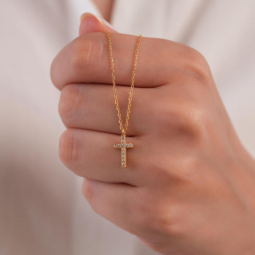 14K Gold Bezel Set Cross Necklace, Bold Lab Diamond Cross Pendant, Statement Faith Jewelry Gift