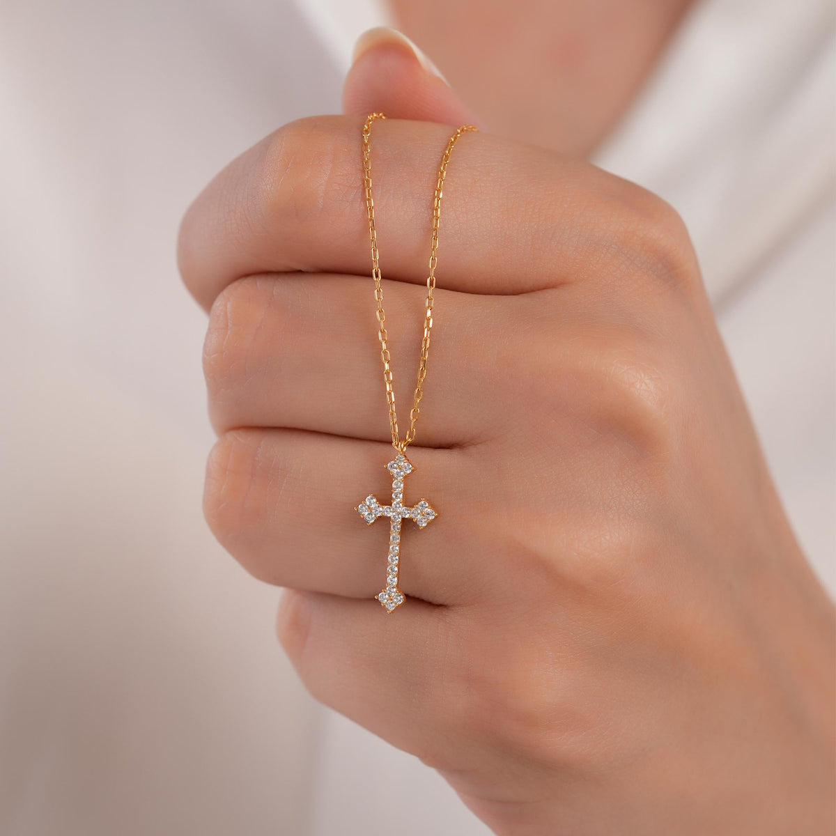 14K Gold Budded Cross Necklace, Ornate Lab Diamond Cross Pendant, Gothic Vintage Style Faith Jewelry