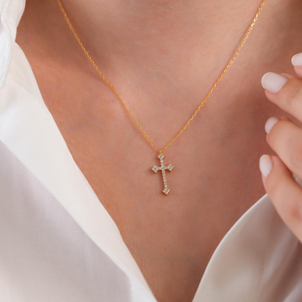 14K Gold Budded Cross Necklace, Ornate Lab Diamond Cross Pendant, Gothic Vintage Style Faith Jewelry