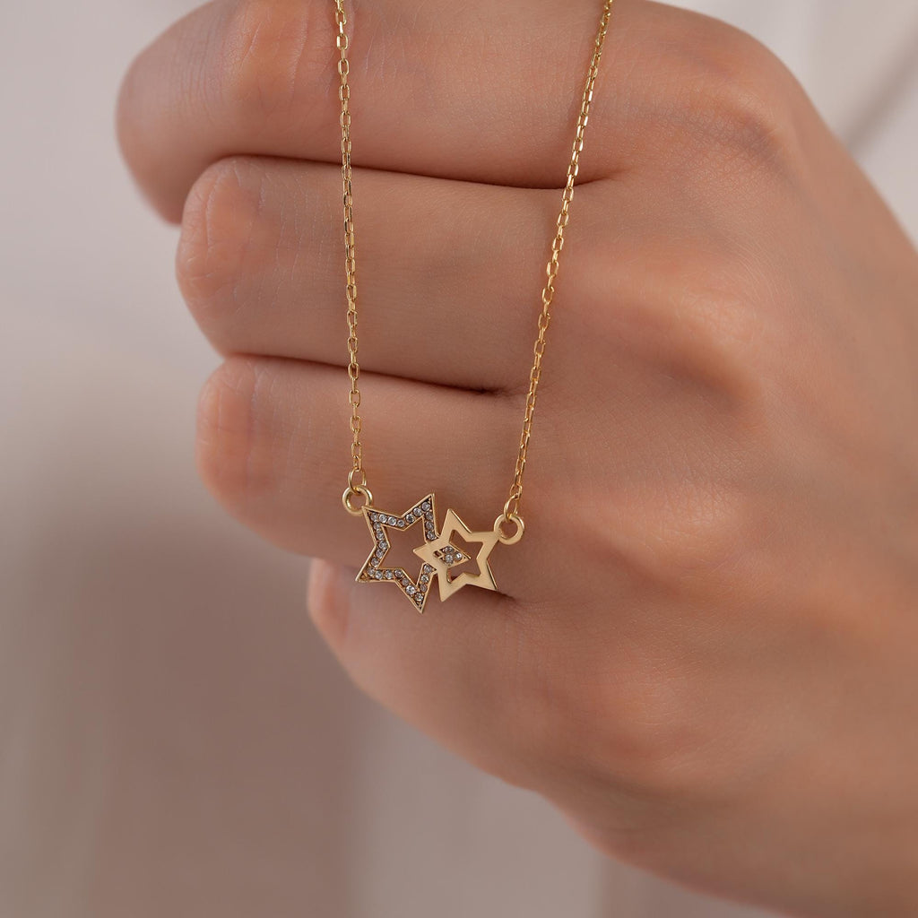 14K Gold Double Star Necklace, Lab Diamond Star Cluster Pendant, Celestial Charm, Gift for Her