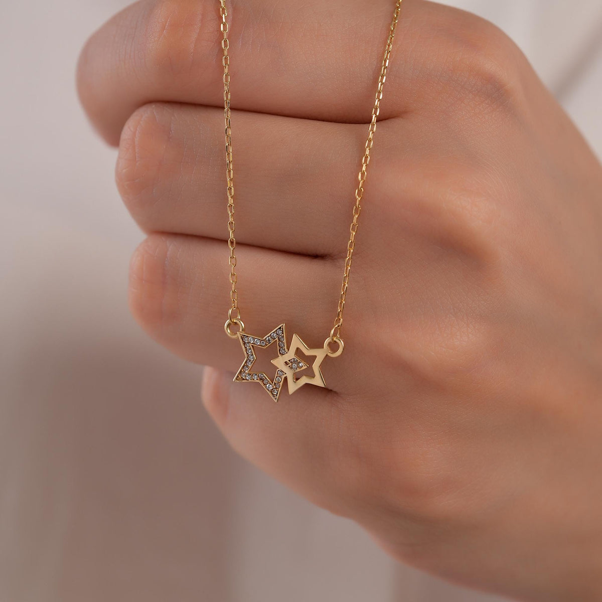 14K Gold Double Star Necklace, Lab Diamond Star Cluster Pendant, Celestial Charm, Gift for Her