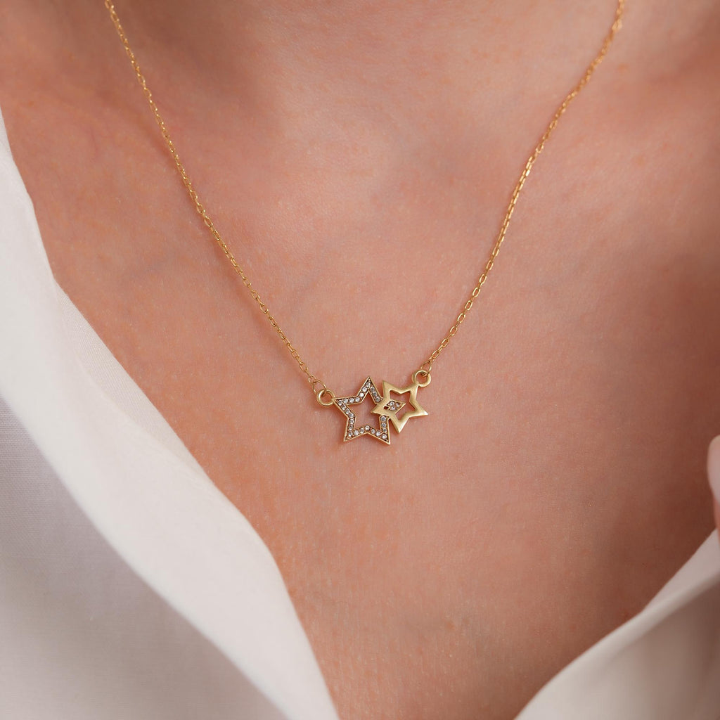 14K Gold Double Star Necklace, Lab Diamond Star Cluster Pendant, Celestial Charm, Gift for Her