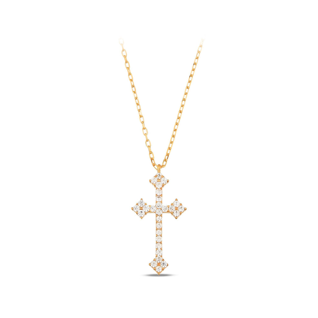 14K Gold Budded Cross Necklace, Ornate Lab Diamond Cross Pendant, Gothic Vintage Style Faith Jewelry